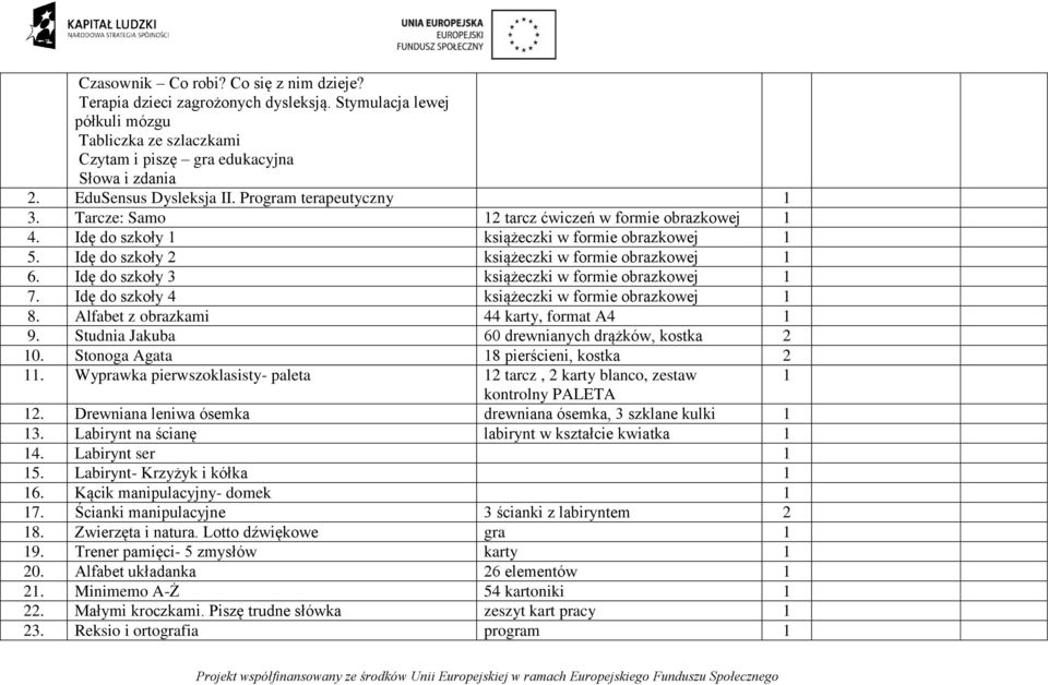 Idę do szkoły 3 książeczki w formie obrazkowej 7. Idę do szkoły 4 książeczki w formie obrazkowej 8. Alfabet z obrazkami 44 karty, format A4 9. Studnia Jakuba 60 drewnianych drążków, kostka 2 0.