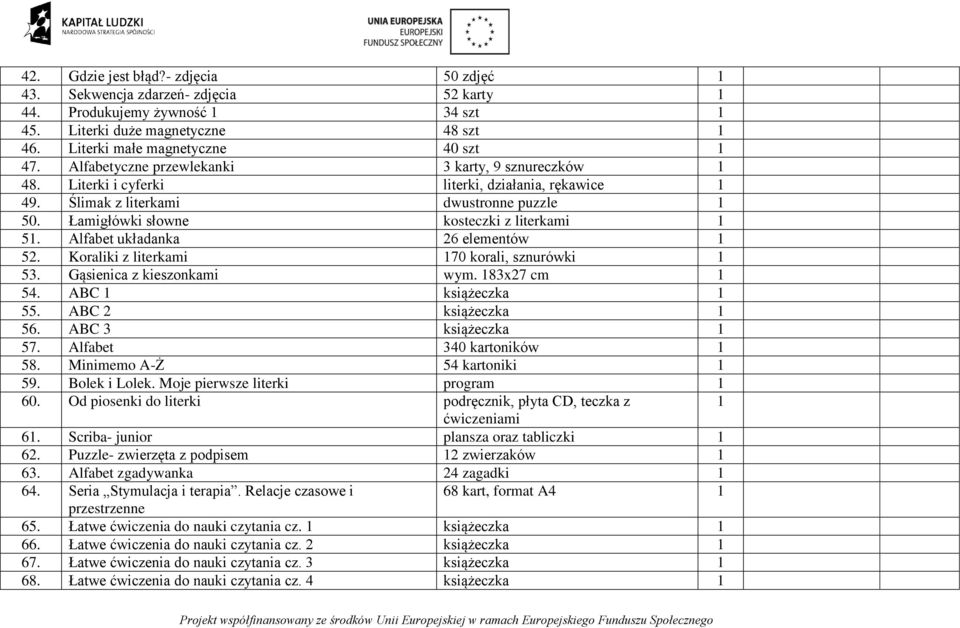 Alfabet układanka 26 elementów 52. Koraliki z literkami 70 korali, sznurówki 53. Gąsienica z kieszonkami wym. 83x27 cm 54. ABC książeczka 55. ABC 2 książeczka 56. ABC 3 książeczka 57.