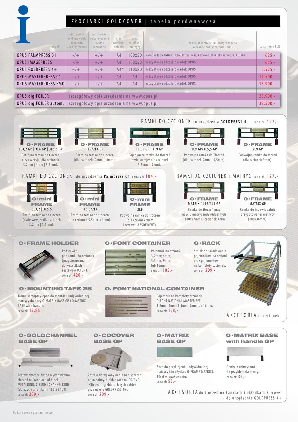 CDlabels 625,- OPUS IMAGEPRESS -/+ +/+ A4 180x50 wszystkie rodzaje okładek OPUS 655,- OPUS GOLDPRESS 4+ +/+ +/+ A4* 110x80 wszystkie rodzaje okładek OPUS 2.