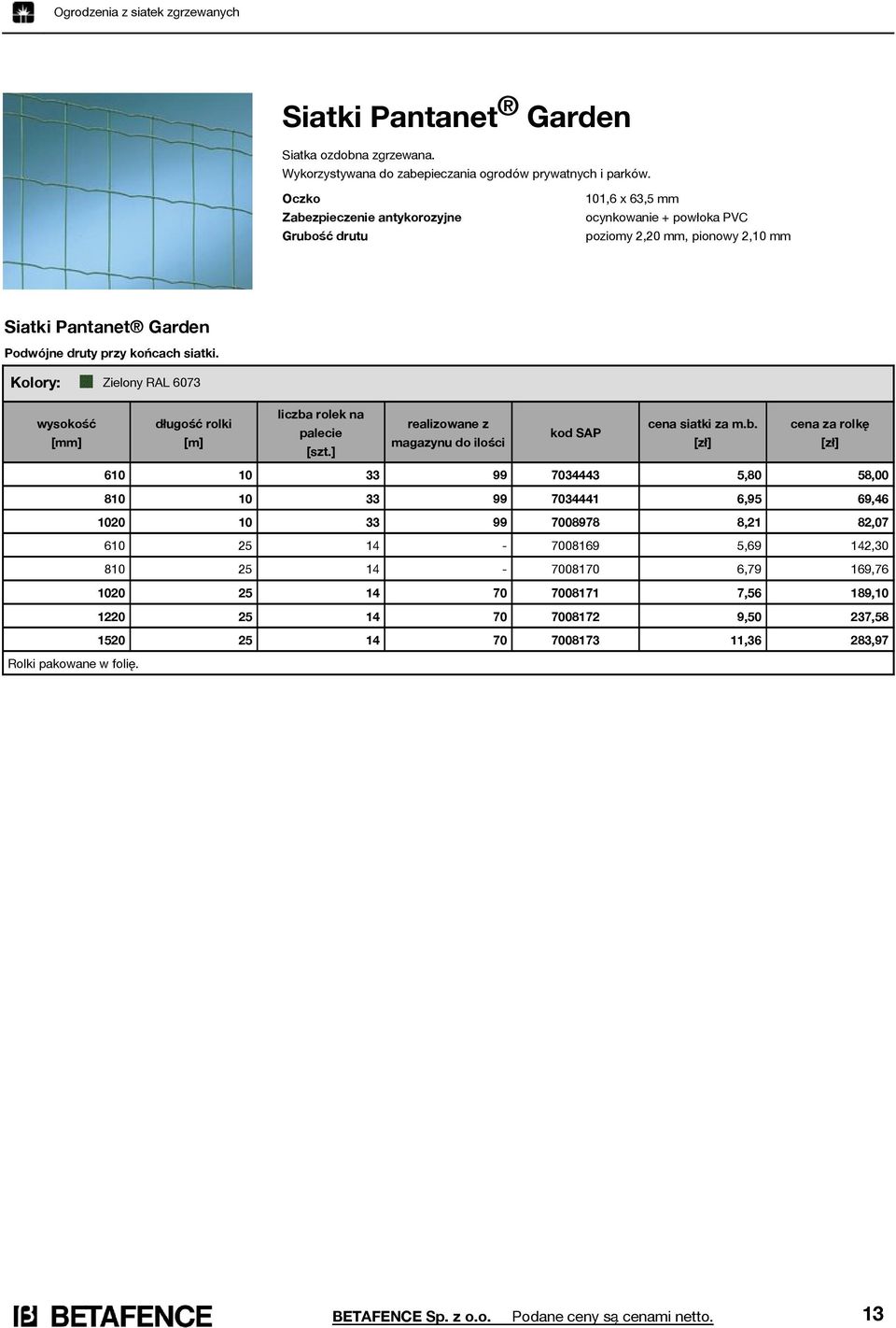 Kolory: Zielony RAL 6073 wysokość długość rolki [m] liczba