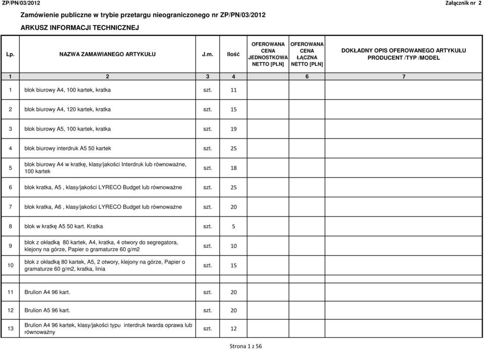 Ilość 1 2 3 4 6 7 1 blok biurowy A4, 100 kartek, kratka 1 2 blok biurowy A4, 120 kartek, kratka 5 3 blok biurowy A5, 100 kartek, kratka 9 4 blok biurowy interdruk A5 50 kartek 5 5 blok biurowy A4 w