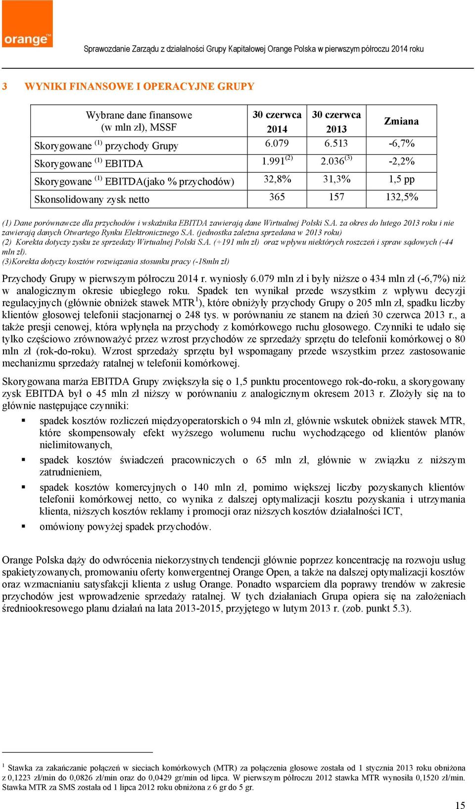 036 (3) -2,2% Skorygowane (1) EBITDA(jako % przychodów) 32,8% 31,3% 1,5 pp Skonsolidowany zysk netto 365 157 132,5% (1) Dane porównawcze dla przychodów i wskaźnika EBITDA zawierają dane Wirtualnej