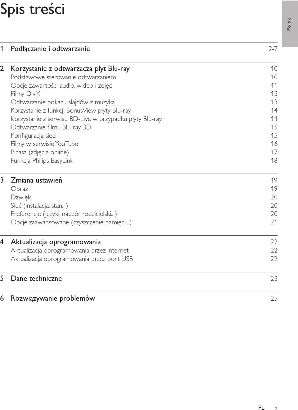 serwisie YouTube 16 Picasa (zdjęcia online) 17 Funkcja Philips EasyLink 18 3 Zmiana ustawień 19 Obraz 19 Dźwięk 20 Sieć (instalacja, stan...) 20 Preferencje (języki, nadzór rodzicielski.