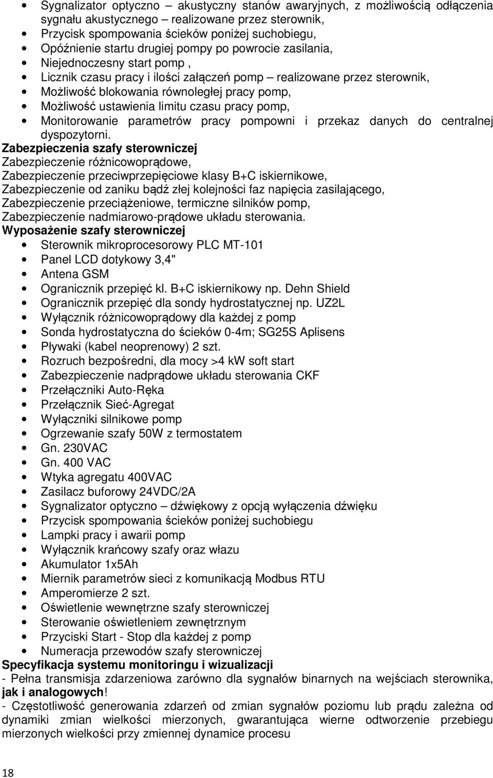 ustawienia limitu czasu pracy pomp, Monitorowanie parametrów pracy pompowni i przekaz danych do centralnej dyspozytorni.