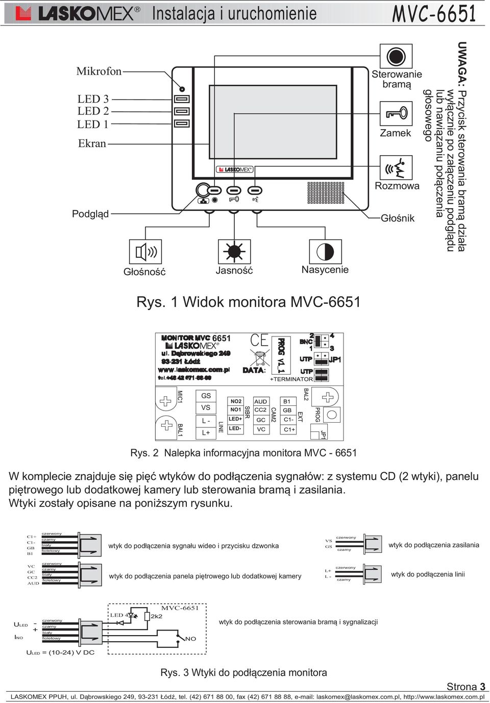 2 Nalepka informacyjna monitora MVC - 6651 W komplecie znajduje siê piêæ wtyków do pod³¹czenia sygna³ów: z systemu CD (2 wtyki), panelu piêtrowego lub dodatkowej kamery lub sterowania bram¹ i