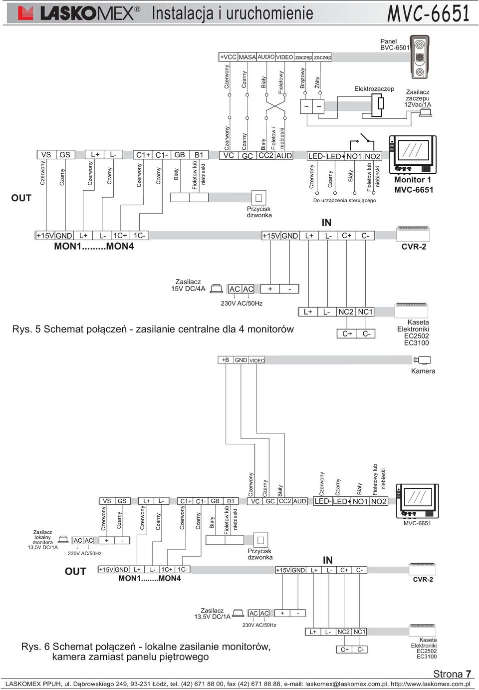 5 Schemat po³¹czeñ - zasilanie centralne dla 4 monitorów L+ L- NC2 C+ NC1 C- Kaseta Elektroniki EC2502 EC3100 +B GND VIDEO Kamera Zasilacz lokalny monitora 13,5V DC/1A 230V AC/50Hz OUT AC AC + - VS