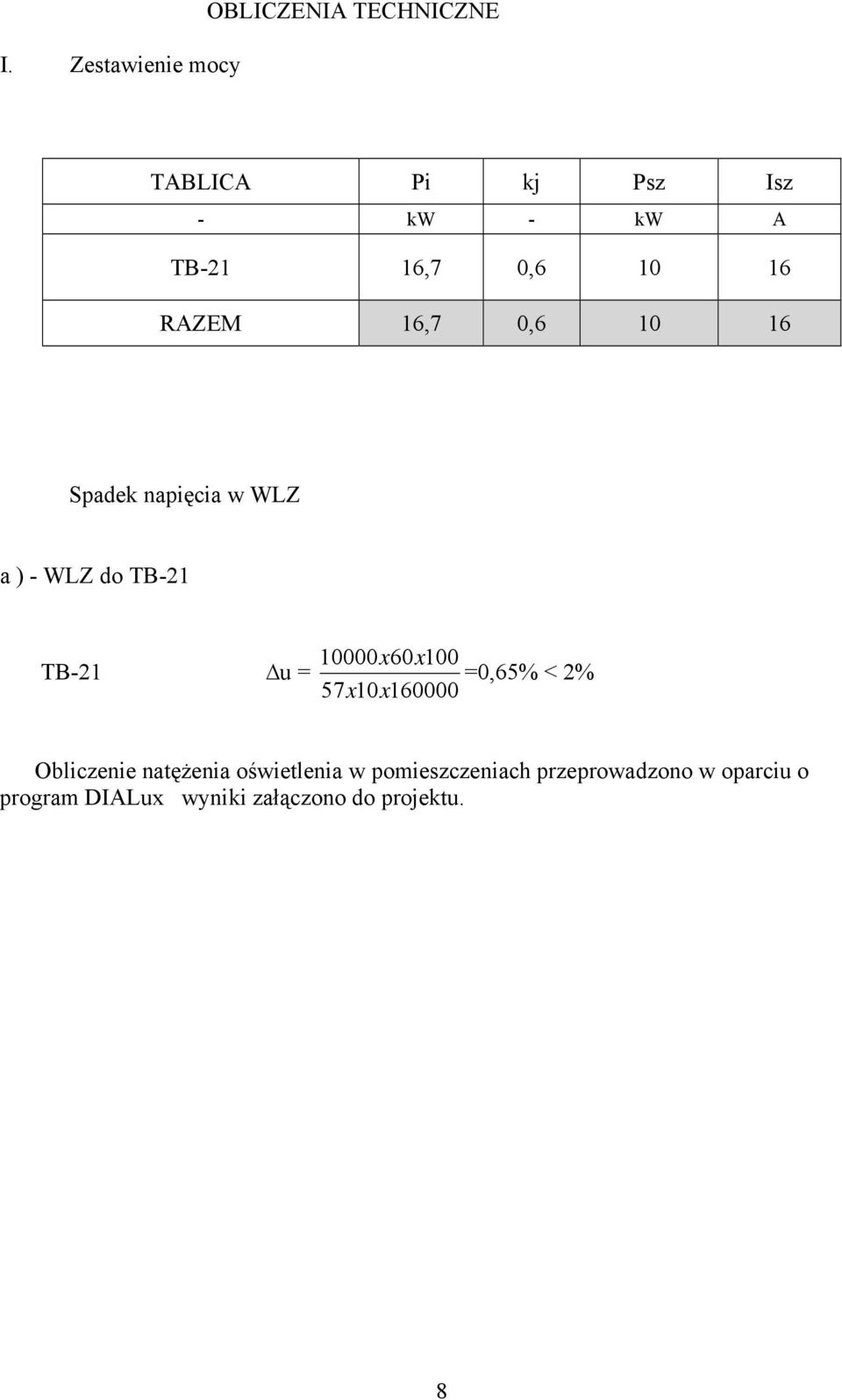 u = 10000x60x100 =0,65% < 2% 57x10x160000 Obliczenie natężenia oświetlenia w