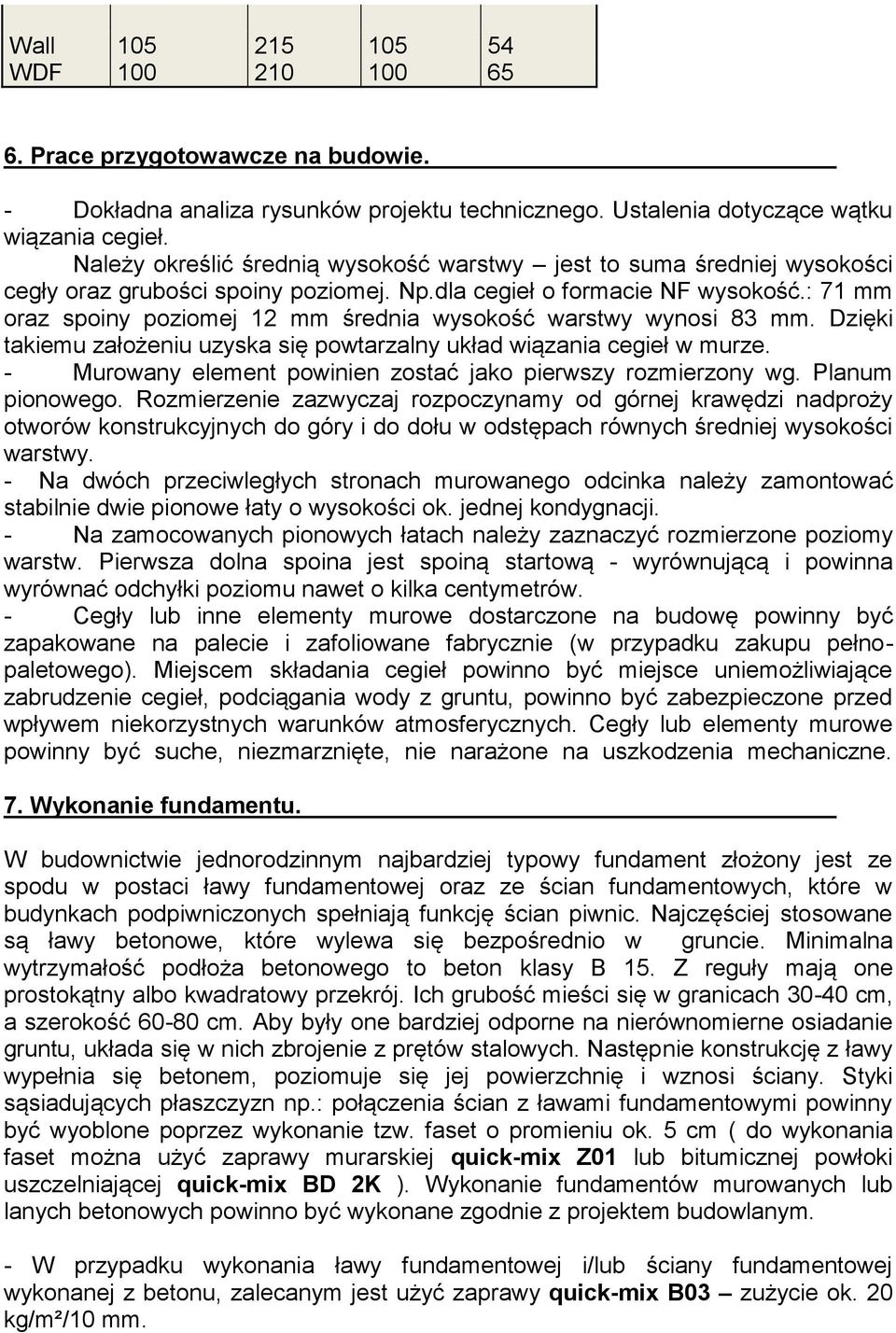 : 71 mm oraz spoiny poziomej 12 mm średnia wysokość warstwy wynosi 83 mm. Dzięki takiemu założeniu uzyska się powtarzalny układ wiązania cegieł w murze.