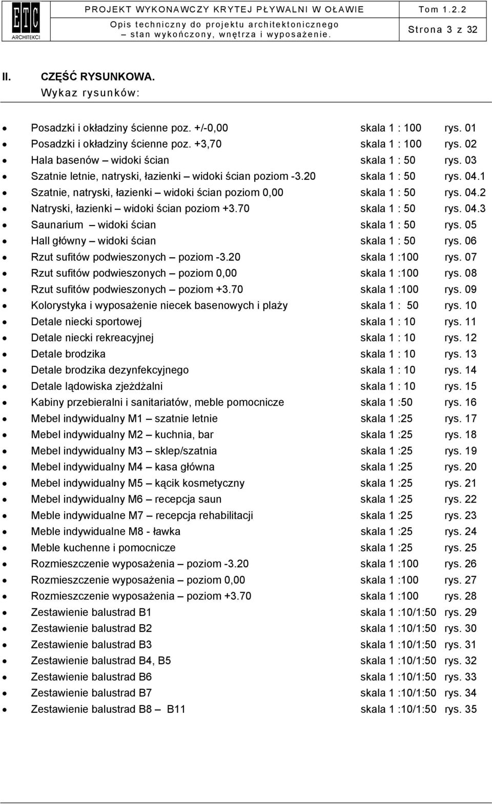 1 Szatnie, natryski, łazienki widoki ścian poziom 0,00 skala 1 : 50 rys. 04.2 Natryski, łazienki widoki ścian poziom +3.70 skala 1 : 50 rys. 04.3 Saunarium widoki ścian skala 1 : 50 rys.