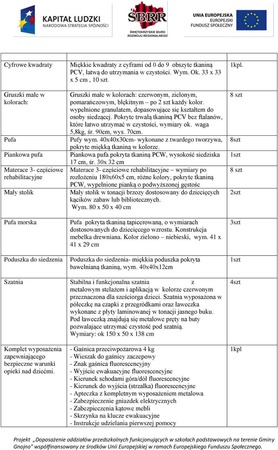 wypełnione granulatem, dopasowujące się kształtem do osoby siedzącej. Pokryte trwałą tkaniną PCV bez ftalanów, które łatwo utrzymać w czystości, wymiary ok. waga 5,8kg, śr. 90cm, wys. 70cm. Pufy wym.