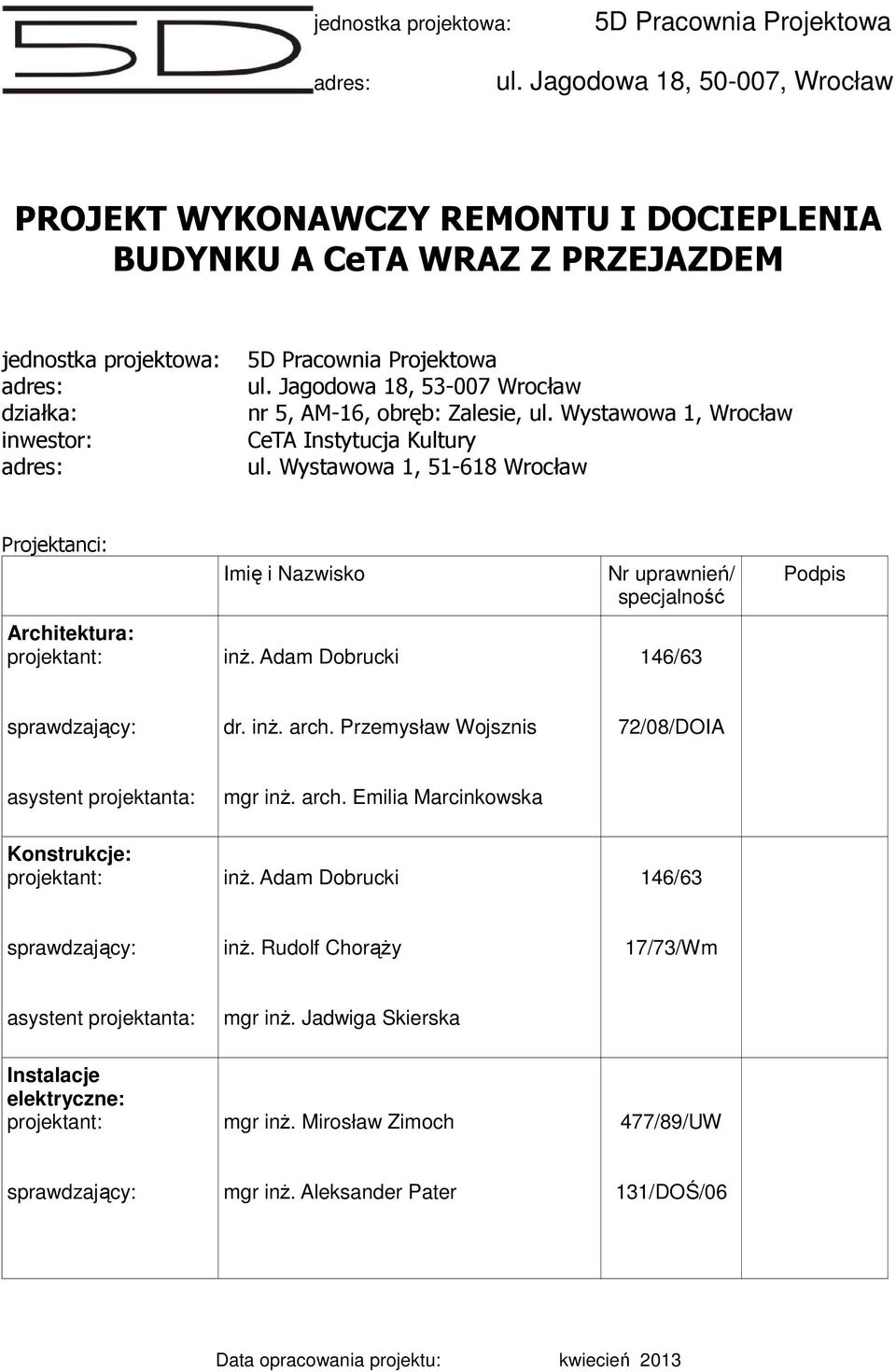 Jagodowa 18, 53-007 Wrocław nr 5, AM-16, obręb: Zalesie, ul. Wystawowa 1, Wrocław CeTA Instytucja Kultury ul.