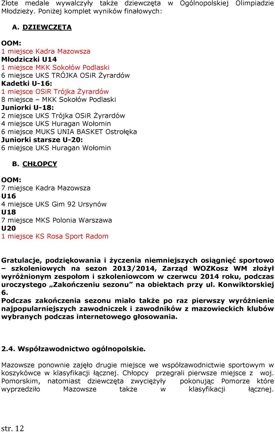 Juniorki U-18: 2 miejsce UKS Trójka OSiR Żyrardów 4 miejsce UKS Huragan Wołomin 6 miejsce MUKS UNIA BASKET Ostrołęka Juniorki starsze U-20: 6 miejsce UKS Huragan Wołomin B.