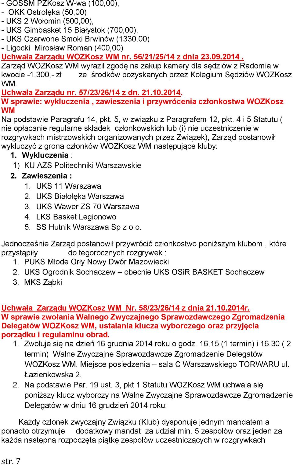 300,- zł ze środków pozyskanych przez Kolegium Sędziów WOZKosz WM. Uchwała Zarządu nr. 57/23/26/14 z dn. 21.10.2014.