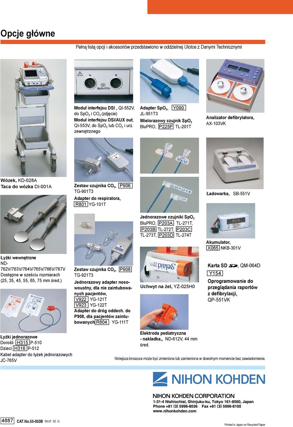 zewnętrznego Adapter SpO 2, Y090 JL-951T3 Wielorazowy czujnik SpO 2 BluPRO, P225F TL-201T Analizator defibrylatora, AX-103VK Wózek, KD-028A Taca do wózka DI-001A Zestaw czujnika CO 2, P906 TG-901T3