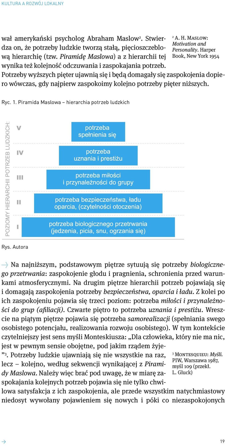 Harper Book, New York 1954 Potrzeby wyższych pięter ujawnią się i będą domagały się zaspokojenia dopiero wówczas, gdy najpierw zaspokoimy kolejno potrzeby pięter niższych. Ryc. 1. Piramida Maslowa hierarchia potrzeb ludzkich Rys.