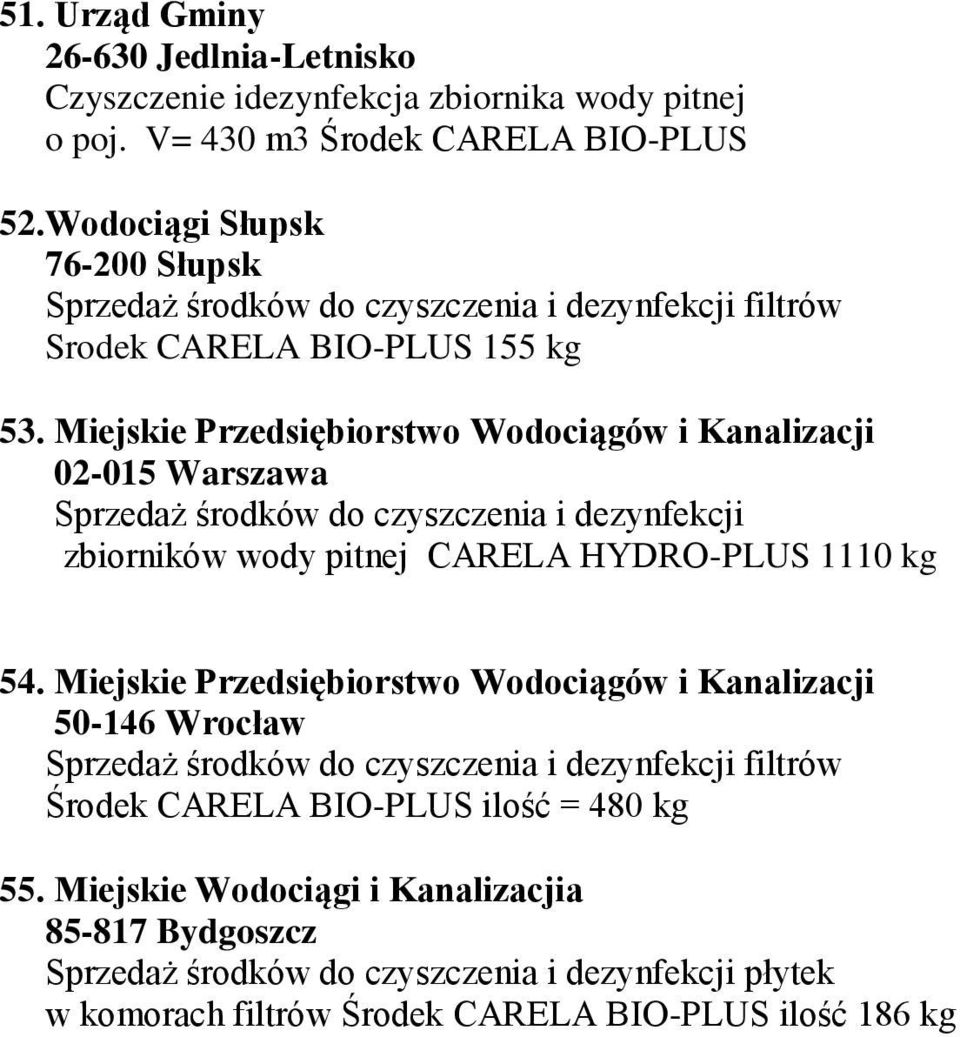 Miejskie Przedsiębiorstwo Wodociągów i Kanalizacji 02-015 Warszawa Sprzedaż środków do czyszczenia i dezynfekcji zbiorników wody pitnej CARELA HYDRO-PLUS 1110 kg 54.