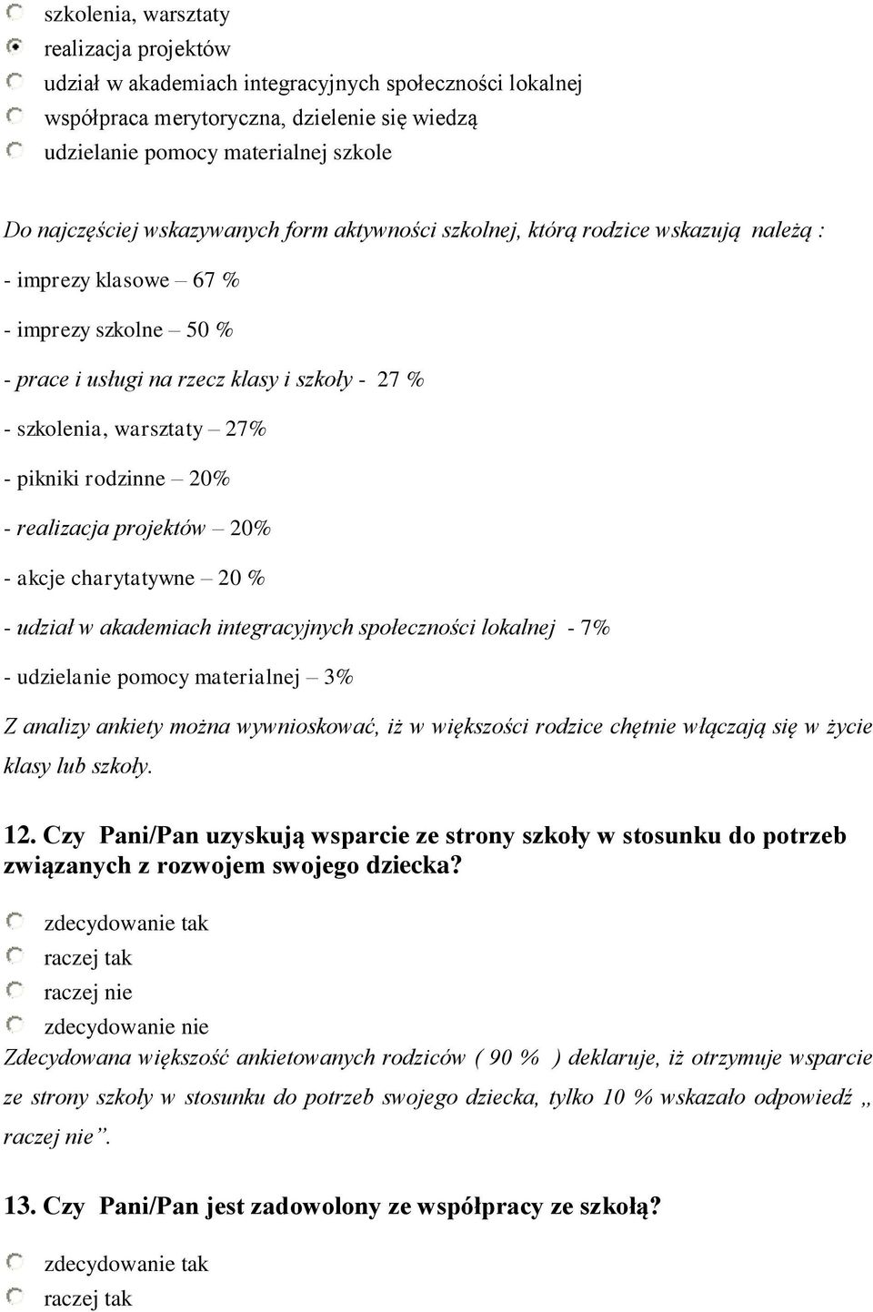 pikniki rodzinne 20% - realizacja projektów 20% - akcje charytatywne 20 % - udział w akademiach integracyjnych społeczności lokalnej - 7% - udzielanie pomocy materialnej 3% Z analizy ankiety można