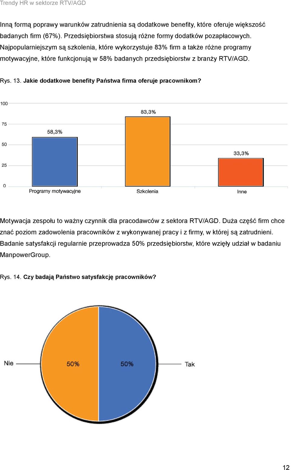 Najpopularniejszym są szkolenia, które wykorzystuje 83% firm a także różne programy motywacyjne, które funkcjonują w 58% badanych przedsiębiorstw z branży RTV/AGD. Rys. 13.