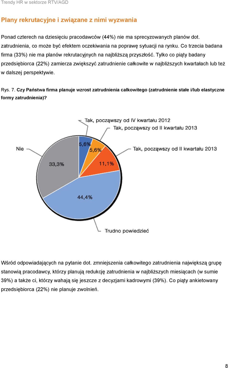 Tylko co piąty badany przedsiębiorca (22%) zamierza zwiększyć zatrudnienie całkowite w najbliższych kwartałach lub też w dalszej perspektywie. Rys. 7.