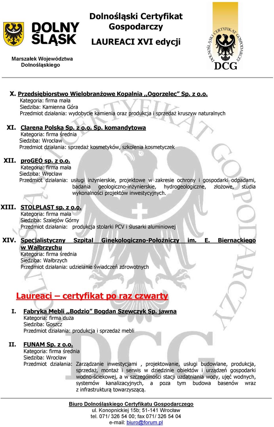 odpadami, badania geologiczno-inżynierskie, hydrogeologiczne, złożowe, studia wykonalności projektów inwestycyjnych. XIII. STOLPLAST sp. z o.o. Siedziba: Szalejów Górny Przedmiot działania: produkcja stolarki PCV i ślusarki aluminiowej XIV.