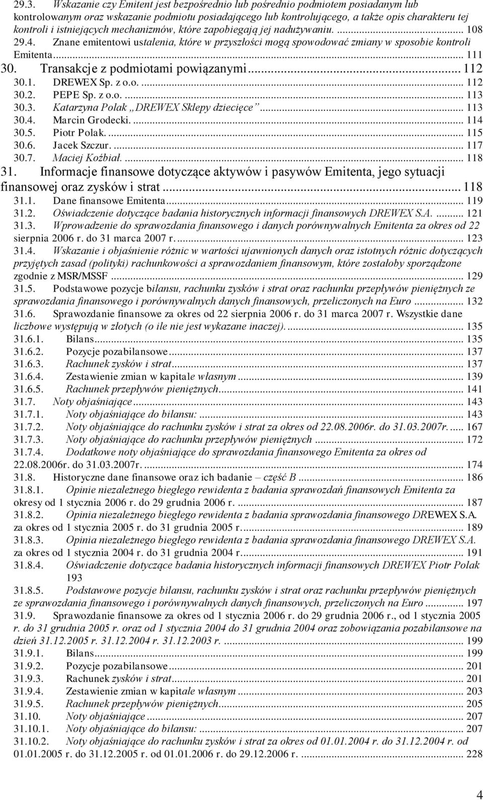 Transakcje z podmiotami powiązanymi... 112 30.1. DREWEX Sp. z o.o.... 112 30.2. PEPE Sp. z o.o.... 113 30.3. Katarzyna Polak DREWEX Sklepy dziecięce... 113 30.4. Marcin Grodecki.... 114 30.5.