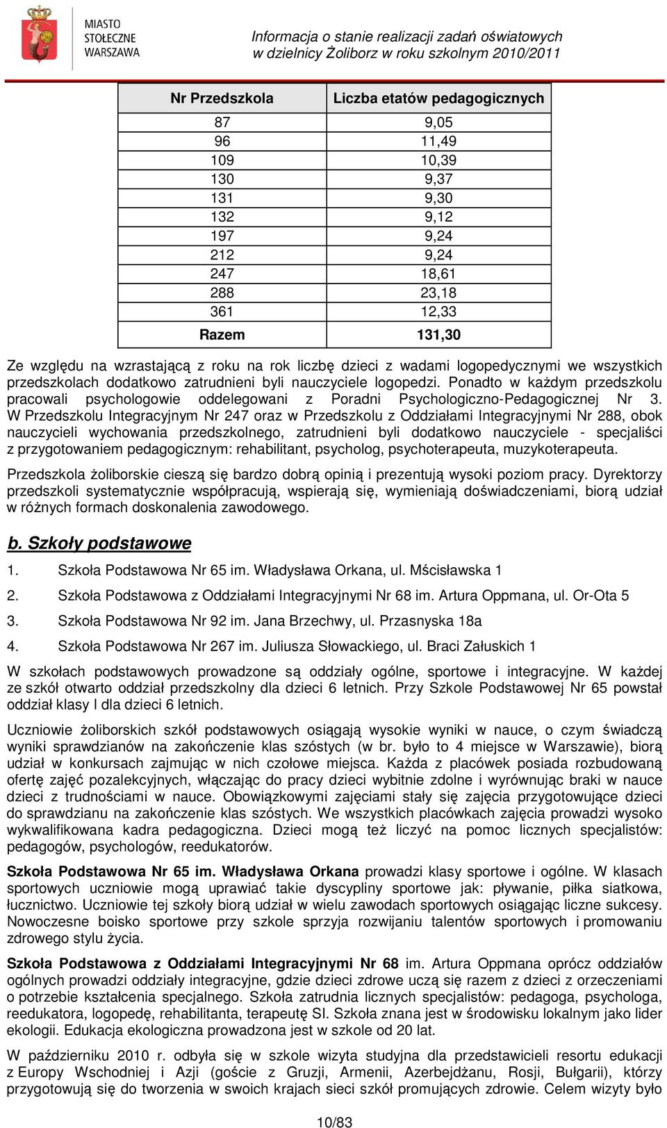 Ponadto w każdym przedszkolu pracowali psychologowie oddelegowani z Poradni Psychologiczno-Pedagogicznej Nr 3.