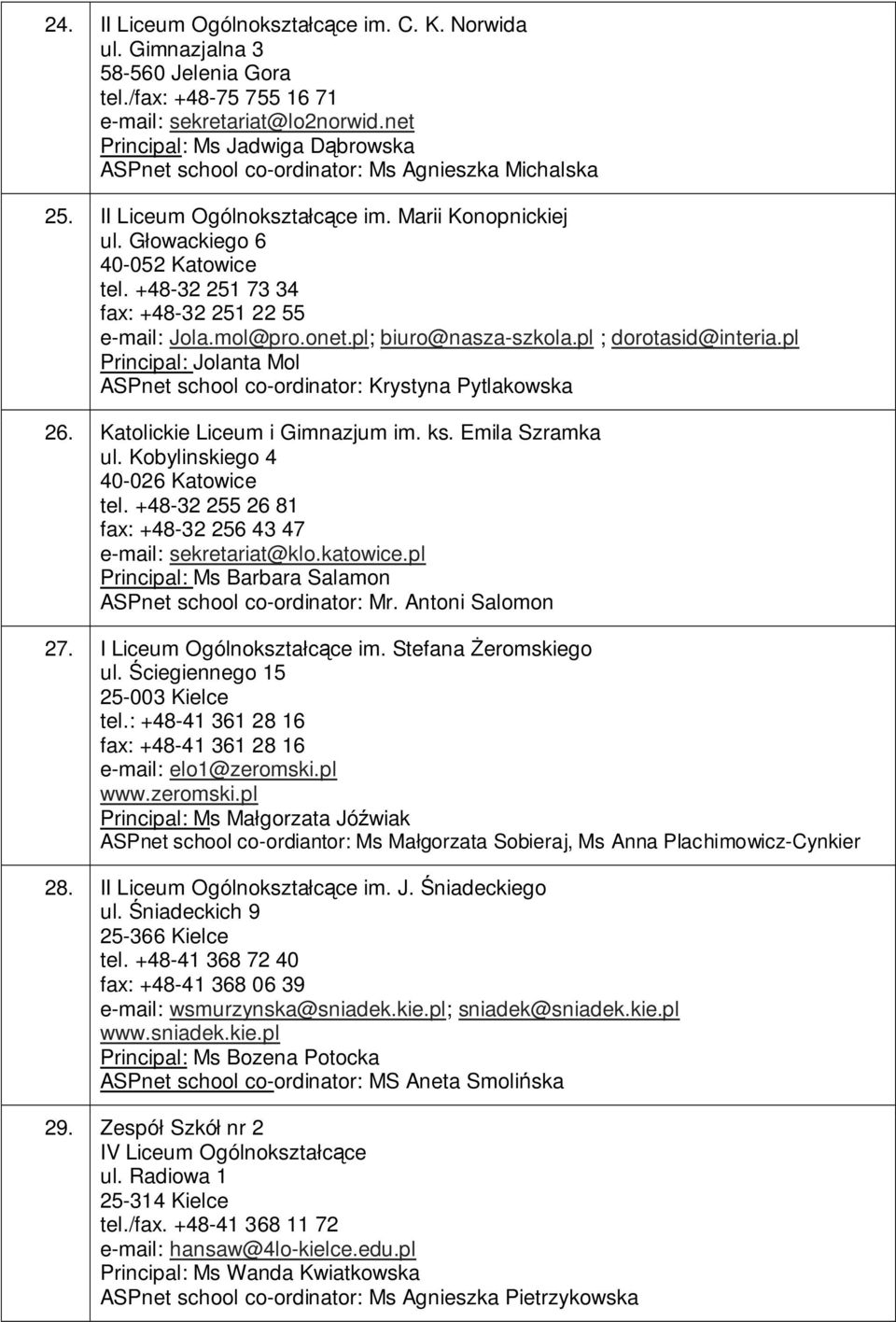 +48-32 251 73 34 fax: +48-32 251 22 55 e-mail: Jola.mol@pro.onet.pl; biuro@nasza-szkola.pl ; dorotasid@interia.pl Principal: Jolanta Mol ASPnet school co-ordinator: Krystyna Pytlakowska 26.