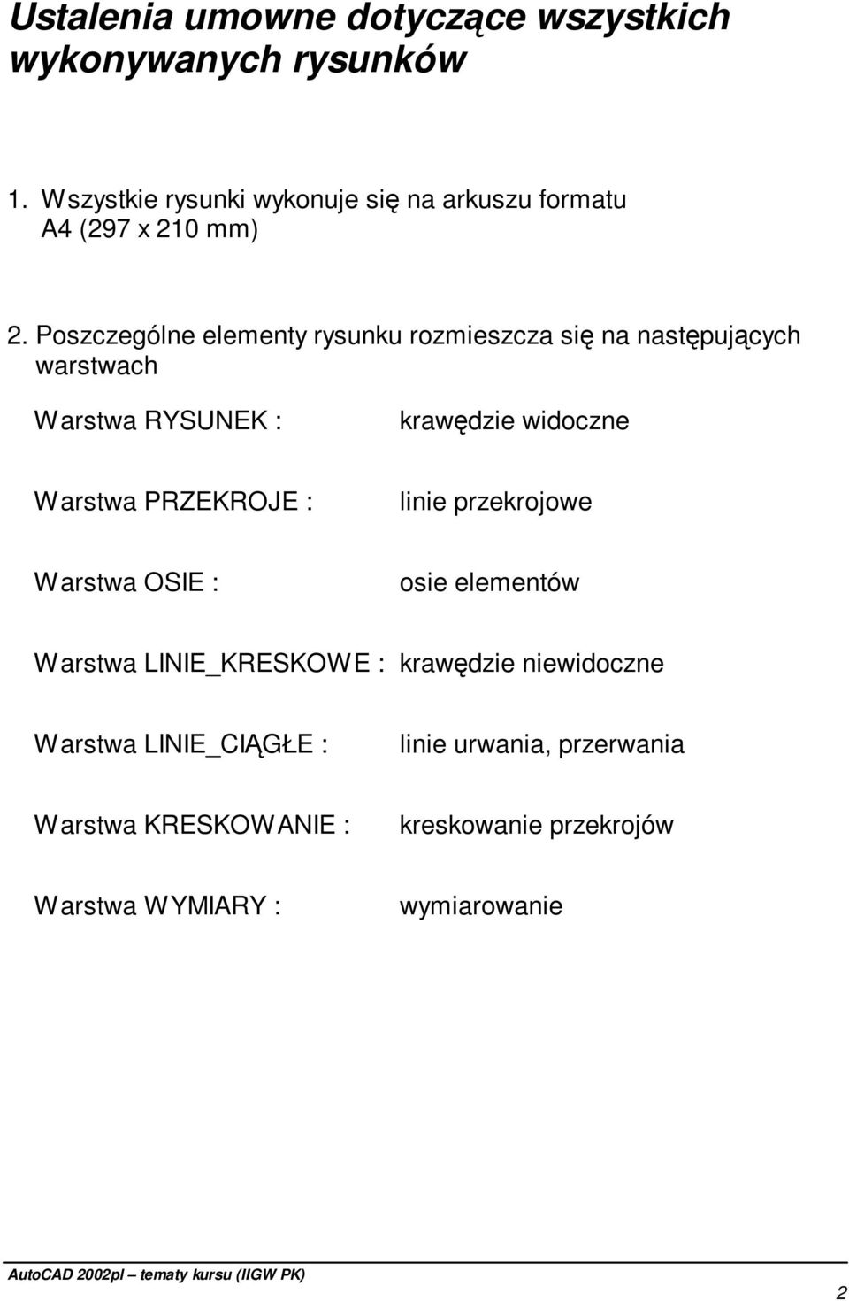 Poszczególne elementy rysunku rozmieszcza się na następujących warstwach Warstwa RYSUNEK : krawędzie widoczne Warstwa