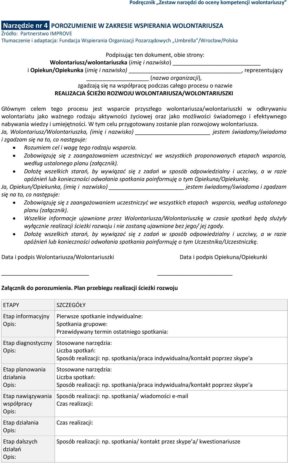 organizacji), zgadzają się na współpracę podczas całego procesu o nazwie REALIZACJA ŚCIEŻKI ROZWOJU WOLONTARIUSZA/WOLONTARIUSZKI Głównym celem tego procesu jest wsparcie przyszłego