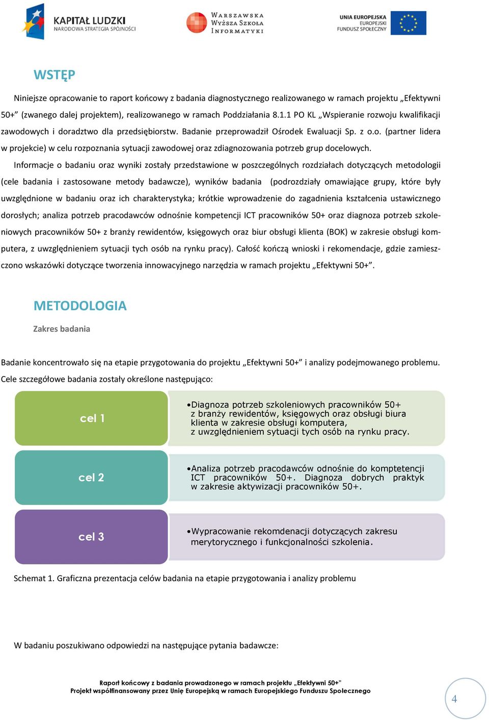 Informacje o badaniu oraz wyniki zostały przedstawione w poszczególnych rozdziałach dotyczących metodologii (cele badania i zastosowane metody badawcze), wyników badania (podrozdziały omawiające