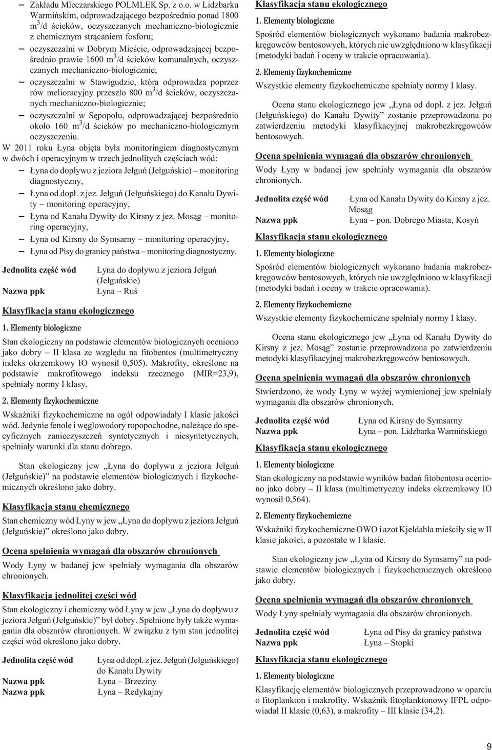 o. w Lidzbarku Warmiñskim, odprowadzaj¹cego bezpoœrednio ponad 800 m 3 /d œcieków, oczyszczanych mechaniczno-biologicznie z chemicznym str¹caniem fosforu; oczyszczalni w Dobrym Mieœcie,