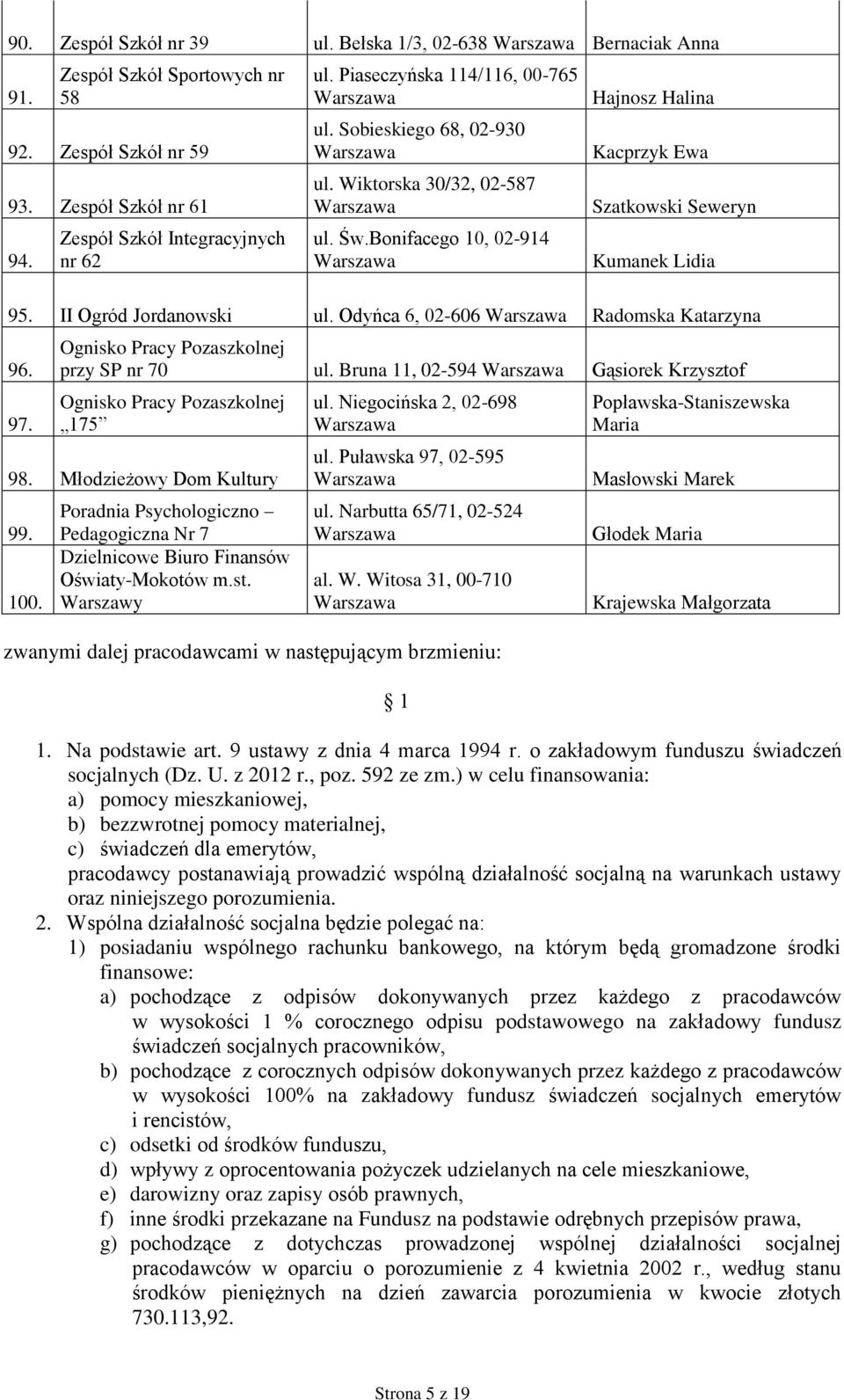 II Ogród Jordanowski ul. Odyńca 6, 02-606 Radomska Katarzyna 96. 97. Ognisko Pracy Pozaszkolnej przy SP nr 70 ul. Bruna 11, 02-594 Gąsiorek Krzysztof Ognisko Pracy Pozaszkolnej 175 98.