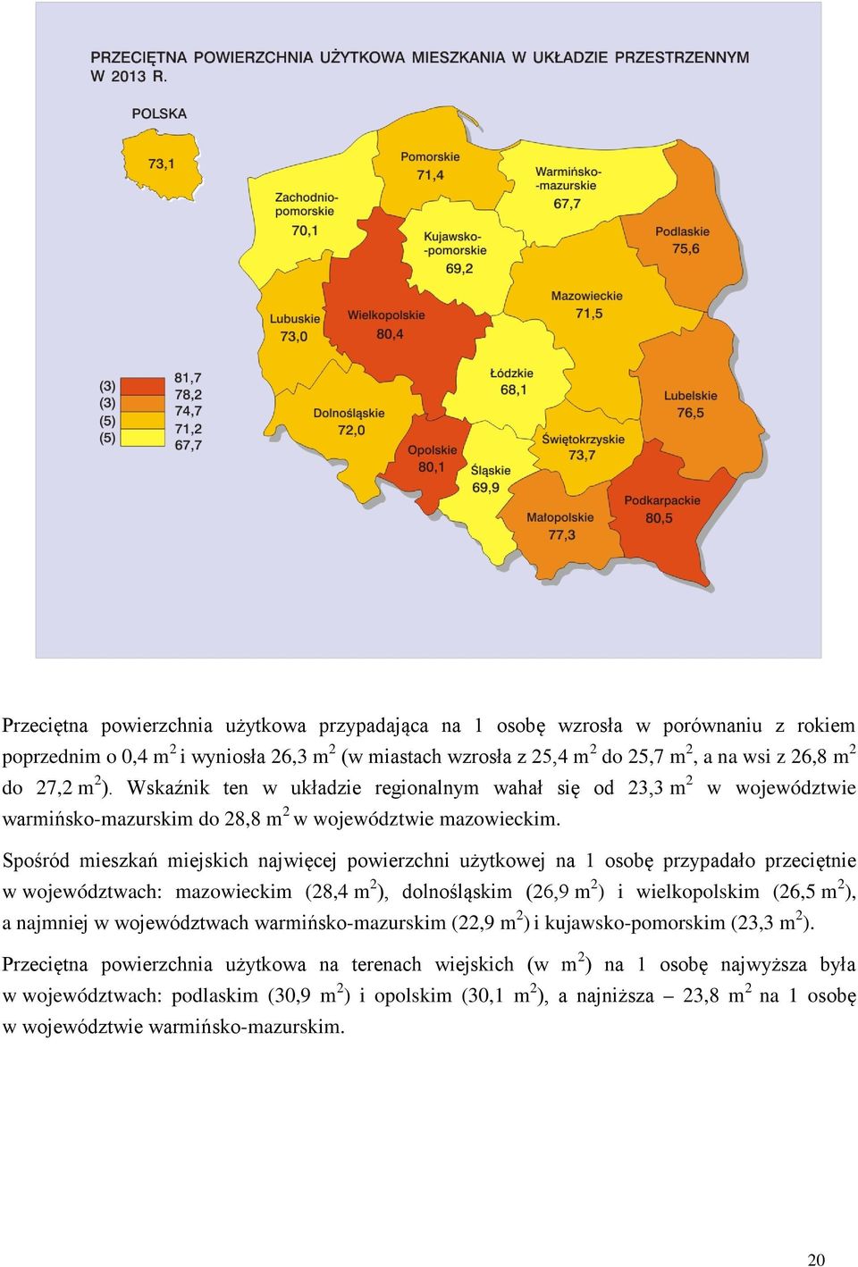 Spośród mieszkań miejskich najwięcej powierzchni użytkowej na 1 osobę przypadało przeciętnie w województwach: mazowieckim (28,4 m 2 ), dolnośląskim (26,9 m 2 ) i wielkopolskim (26,5 m 2 ), a najmniej