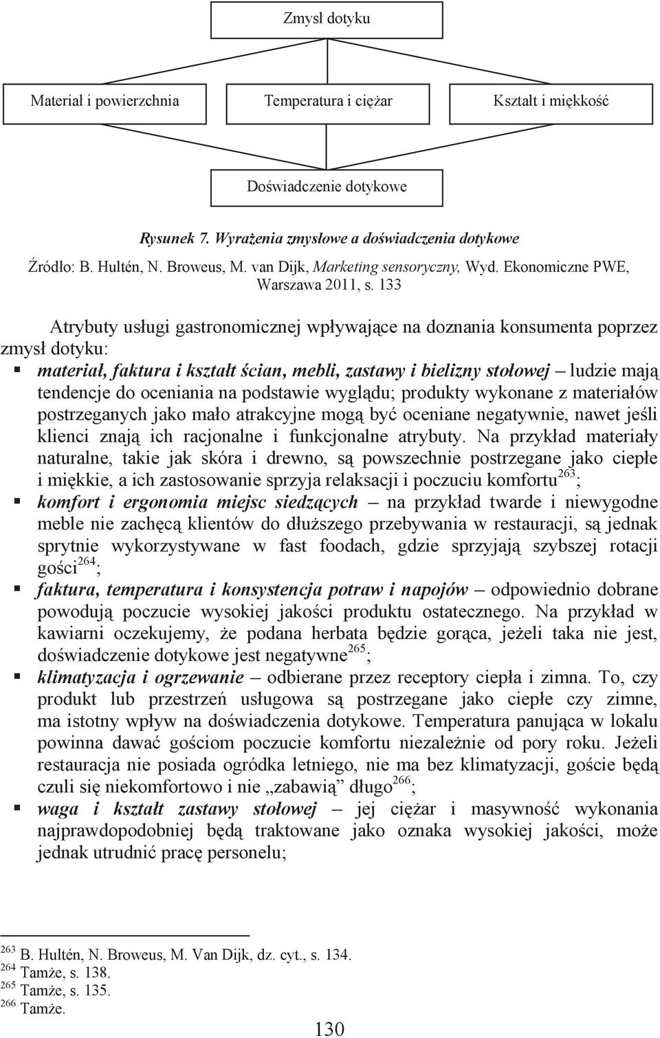 133 Atrybuty usługi gastronomicznej wpływające na doznania konsumenta poprzez zmysł dotyku: materiał, faktura i kształt ścian, mebli, zastawy i bielizny stołowej ludzie mają tendencje do oceniania na