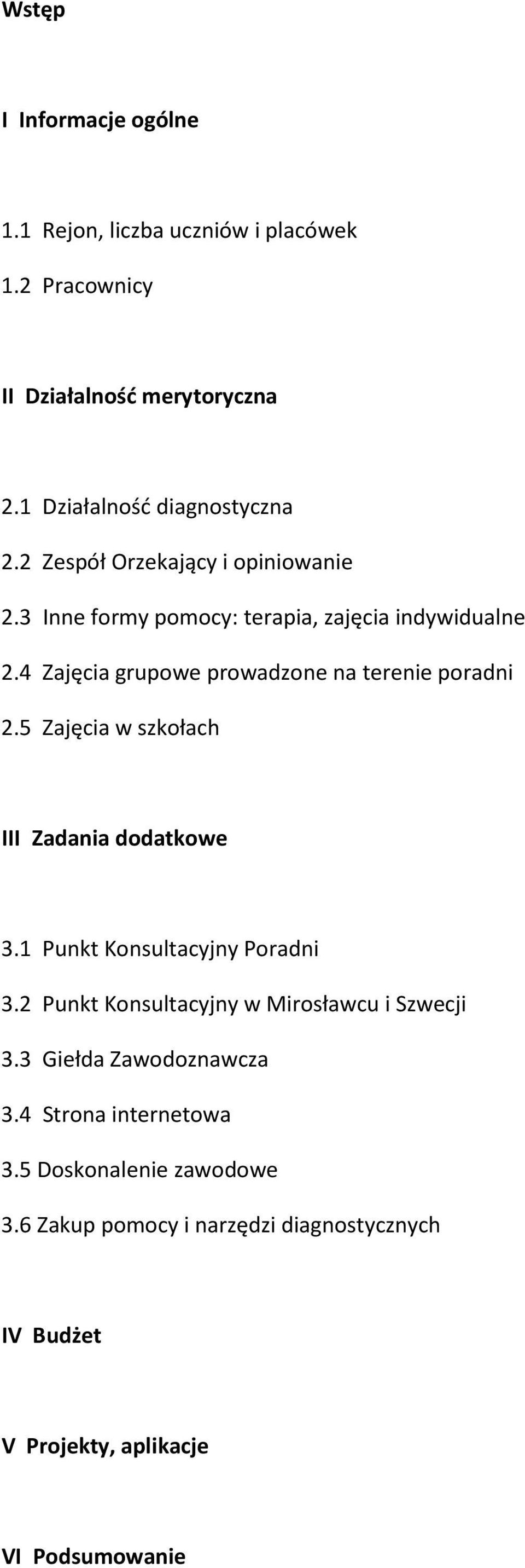 5 Zajęcia w szkołach III Zadania dodatkowe 3.1 Punkt Konsultacyjny Poradni 3.2 Punkt Konsultacyjny w Mirosławcu i Szwecji 3.