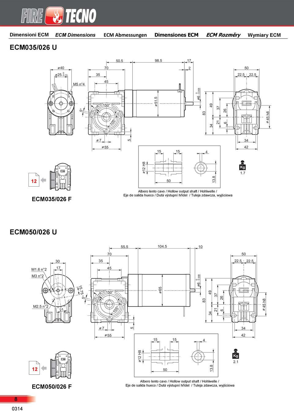 8 ECM035/026 F Albero lento cavo / Hollow output shaft / Hohlwelle / Eje de salida hueco / Dutá výstupní hřídel / Tuleja zdawcza, wyjściowa ECM050/026 U 55.5 104.5 10 70 50 30 35 22.5 22.5 M1.