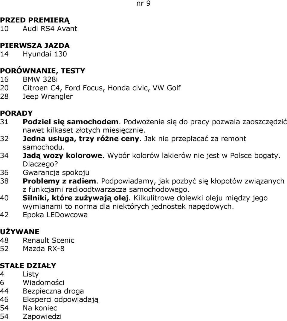 Wybór kolorów lakierów nie jest w Polsce bogaty. Dlaczego? 36 Gwarancja spokoju 38 Problemy z radiem.