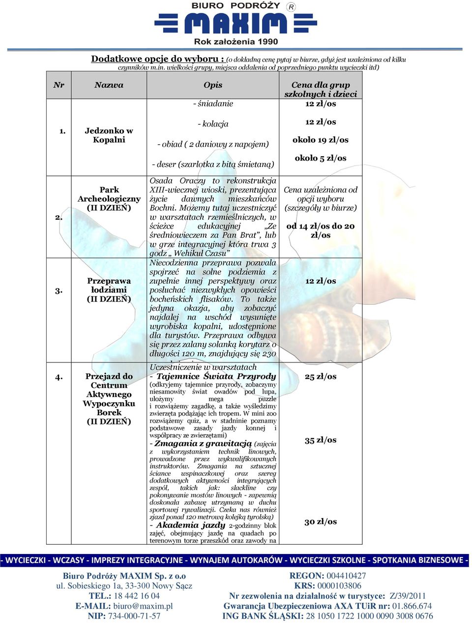 Przejazd do Centrum Aktywnego Wypoczynku Borek - kolacja - obiad ( 2 daniowy z napojem) - deser (szarlotka z bitą śmietaną) Osada Oraczy to rekonstrukcja XIII-wiecznej wioski, prezentująca życie