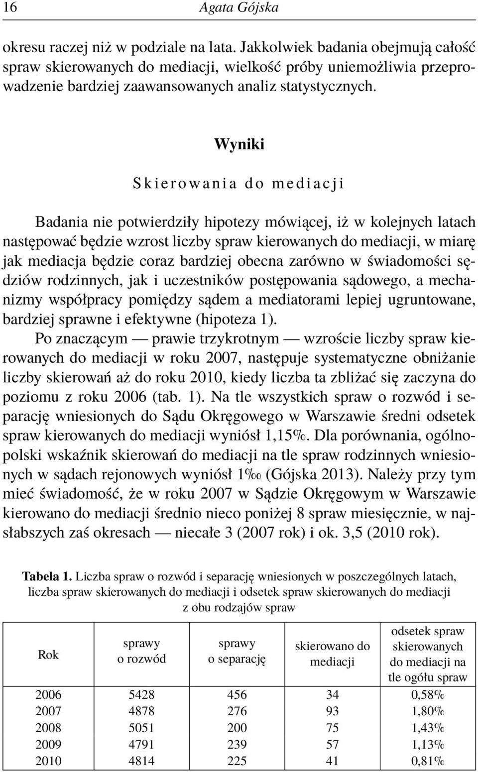 Wyniki S k i e r o w a n i a d o m e d i a c j i Badania nie potwierdziły hipotezy mówiącej, iż w kolejnych latach następować będzie wzrost liczby spraw kierowanych do mediacji, w miarę jak mediacja