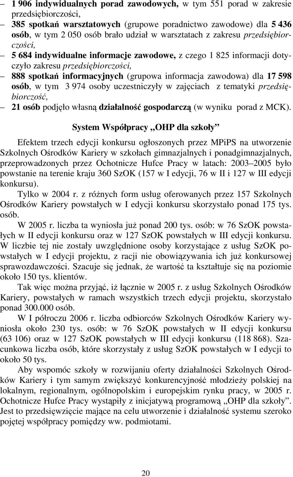 zawodowa) dla 17 598 osób, w tym 3 974 osoby uczestniczyły w zajęciach z tematyki przedsiębiorczość, 21 osób podjęło własną działalność gospodarczą (w wyniku porad z MCK).