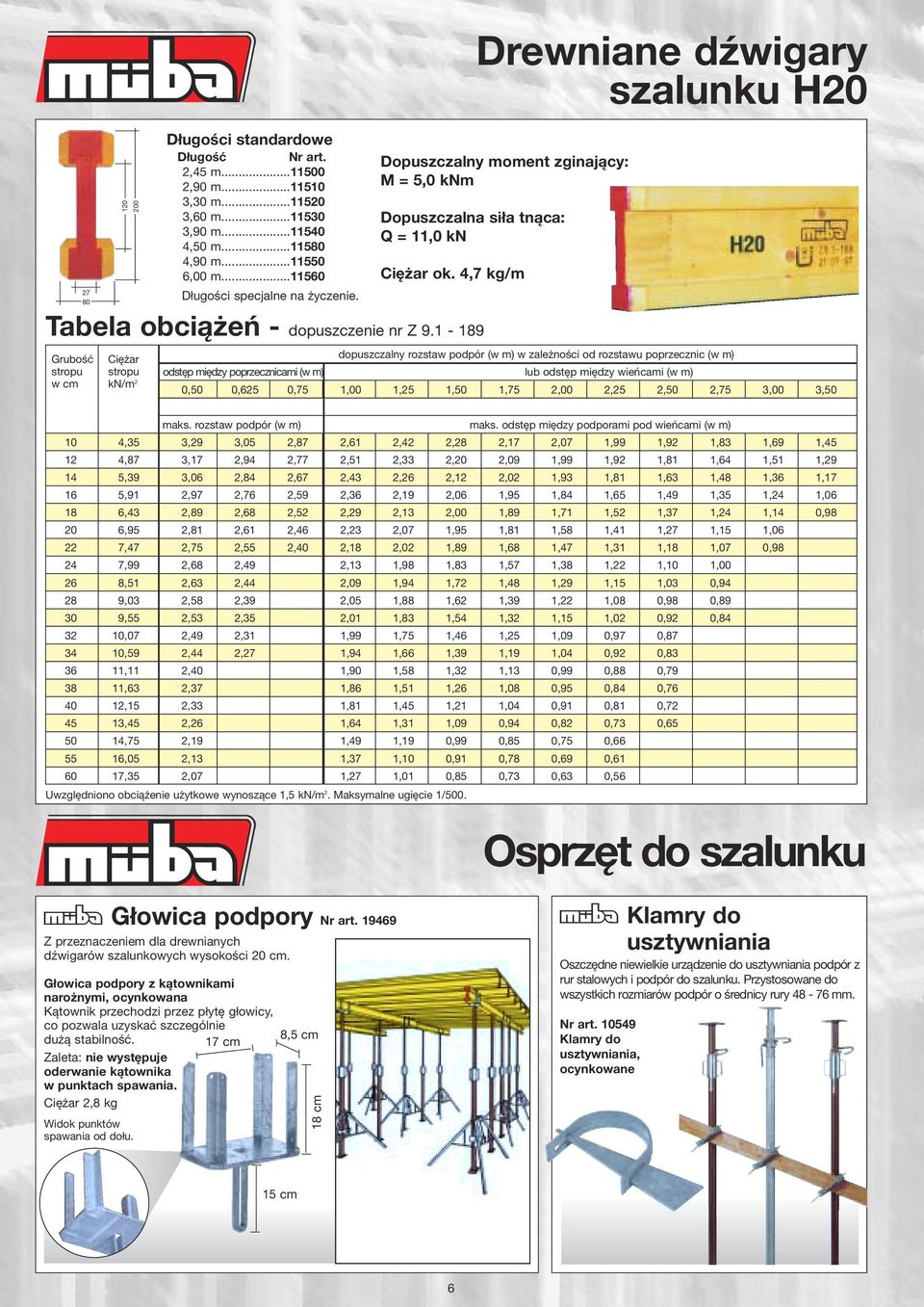 4,7 kg/m Grubość stropu w cm Ciężar stropu kn/m 2 dopuszczalny rozstaw podpór (w m) w zależności od rozstawu poprzecznic (w m) odstęp między poprzecznicami (w m) lub odstęp między wieńcami (w m) 0,50