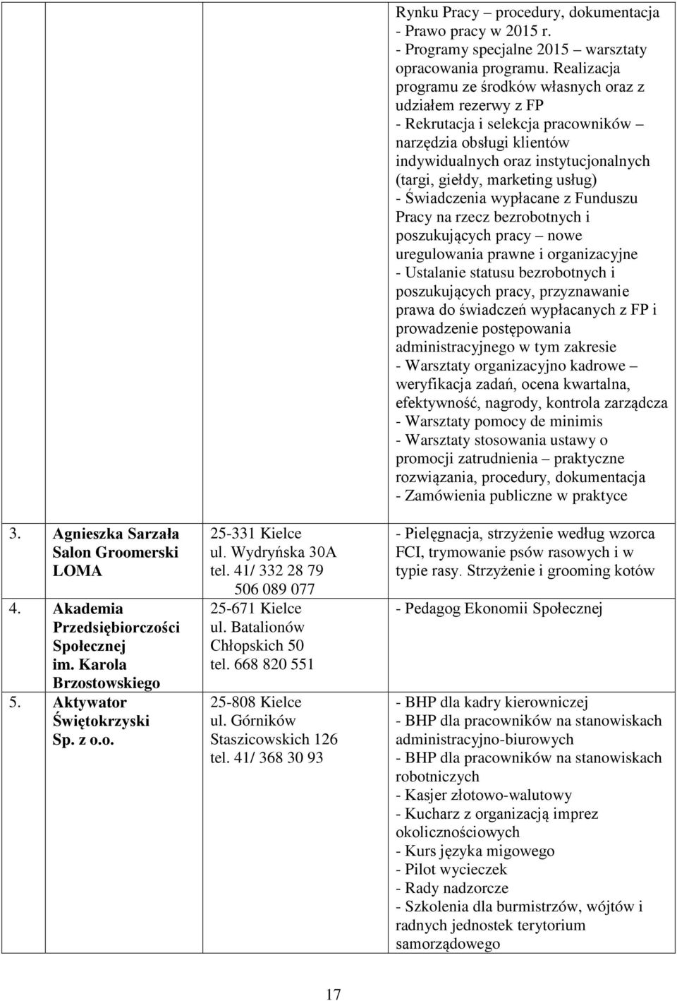 41/ 368 30 93 Rynku Pracy procedury, dokumentacja - Prawo pracy w 2015 r. - Programy specjalne 2015 warsztaty opracowania programu.