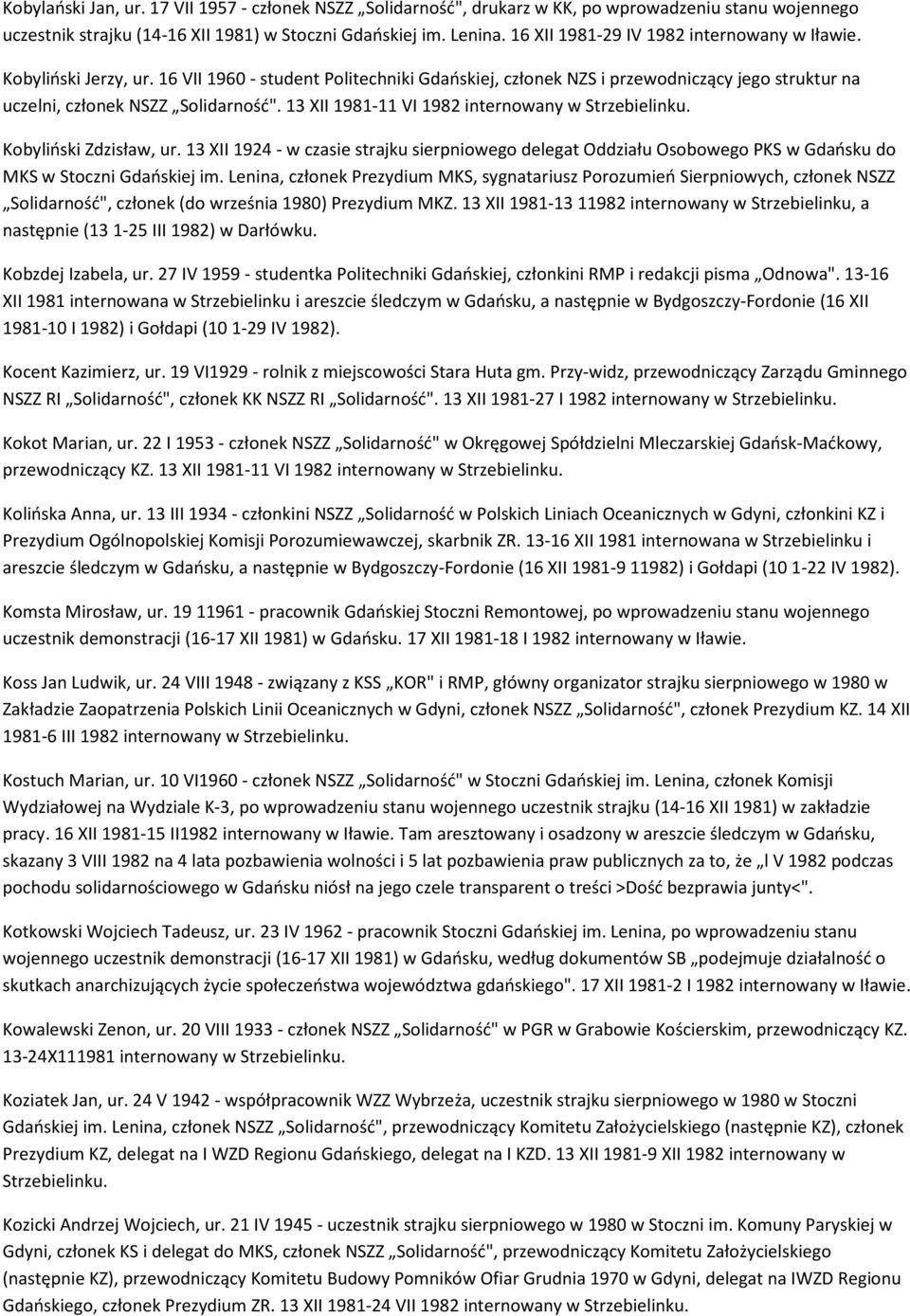 13 XII 1981-11 VI 1982 Kobyliński Zdzisław, ur. 13 XII 1924 - w czasie strajku sierpniowego delegat Oddziału Osobowego PKS w Gdańsku do MKS w Stoczni Gdańskiej im.