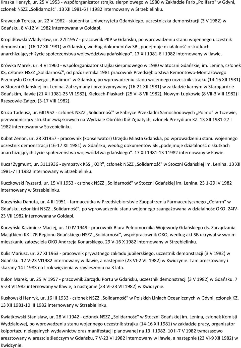 27II1957 - pracownik PKP w Gdańsku, po wprowadzeniu stanu wojennego uczestnik demonstracji (16-17 XII 1981) w Gdańsku, według dokumentów SB podejmuje działalność o skutkach anarchizujących życie