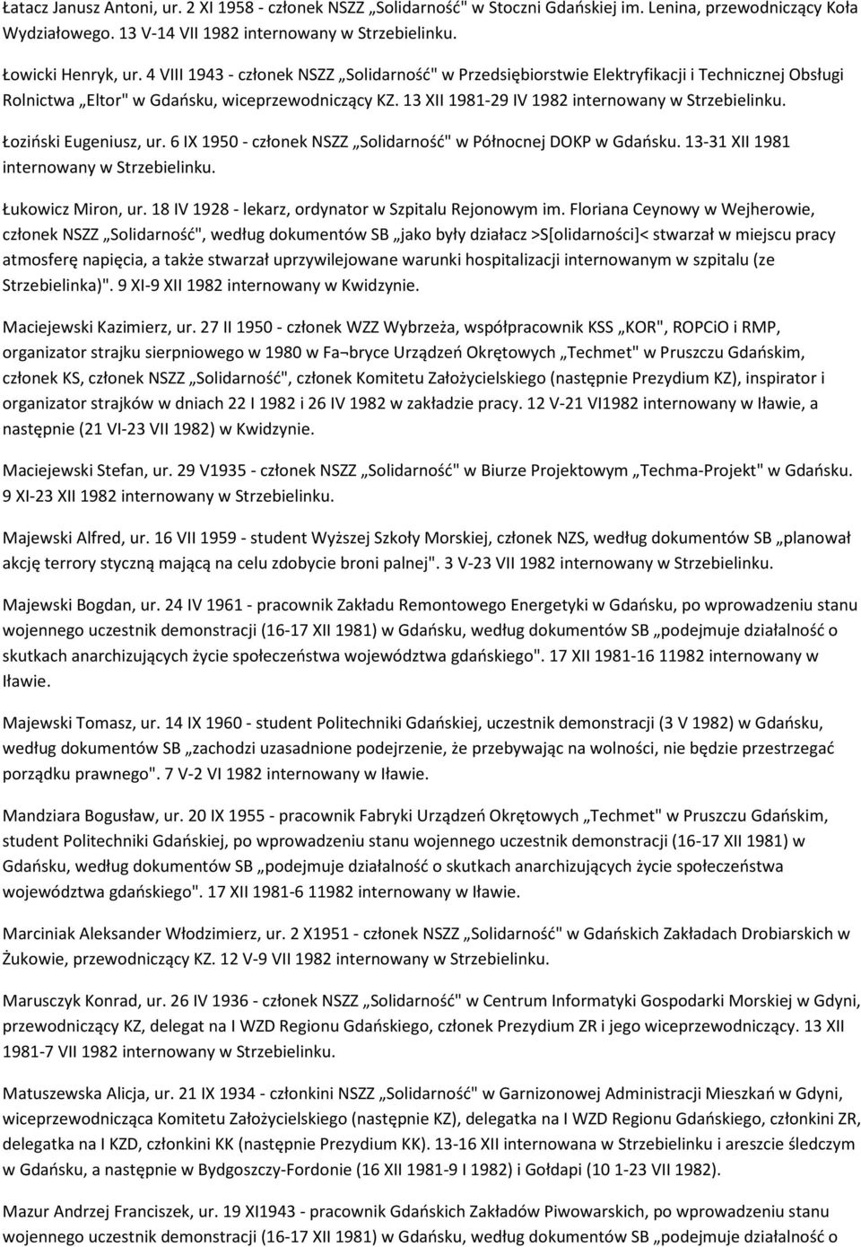 6 IX 1950 - członek NSZZ Solidarność" w Północnej DOKP w Gdańsku. 13-31 XII 1981 Łukowicz Miron, ur. 18 IV 1928 - lekarz, ordynator w Szpitalu Rejonowym im.