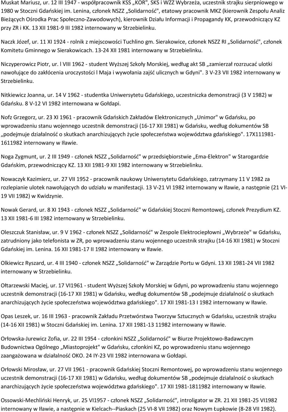 i KK. 13 XII 1981-9 III 1982 Naczk Józef, ur. 11 XI 1924 - rolnik z miejscowości Tuchlino gm. Sierakowice, członek NSZZ RI Solidarność", członek Komitetu Gminnego w Sierakowicach.