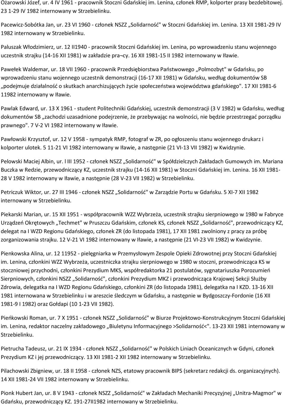 Lenina, po wprowadzeniu stanu wojennego uczestnik strajku (14-16 XII 1981) w zakładzie pra cy. 16 XII 1981-15 II 1982 internowany w Iławie. Pawełek Waldemar, ur.