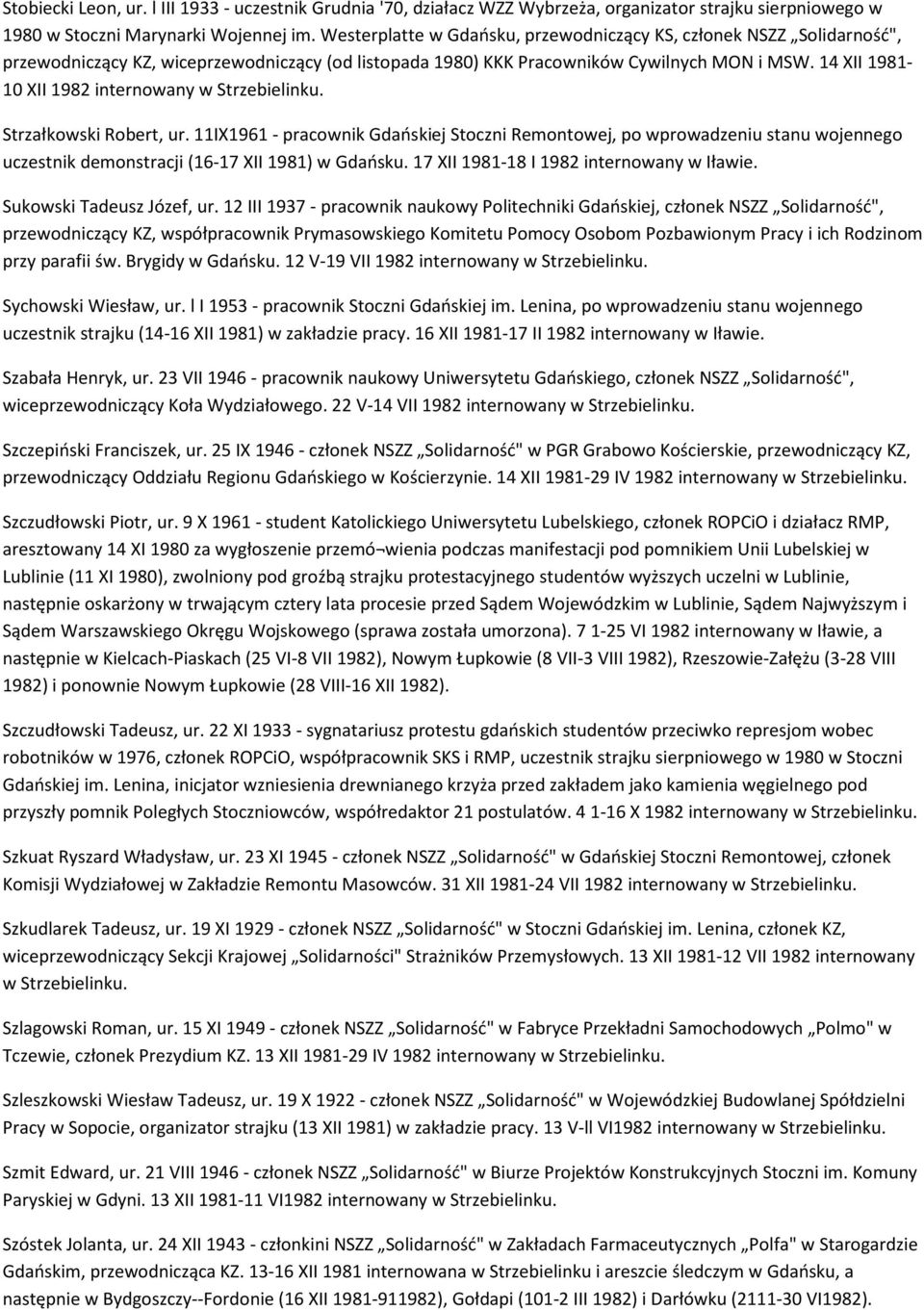 14 XII 1981-10 XII 1982 Strzałkowski Robert, ur. 11IX1961 - pracownik Gdańskiej Stoczni Remontowej, po wprowadzeniu stanu wojennego uczestnik demonstracji (16-17 XII 1981) w Gdańsku.