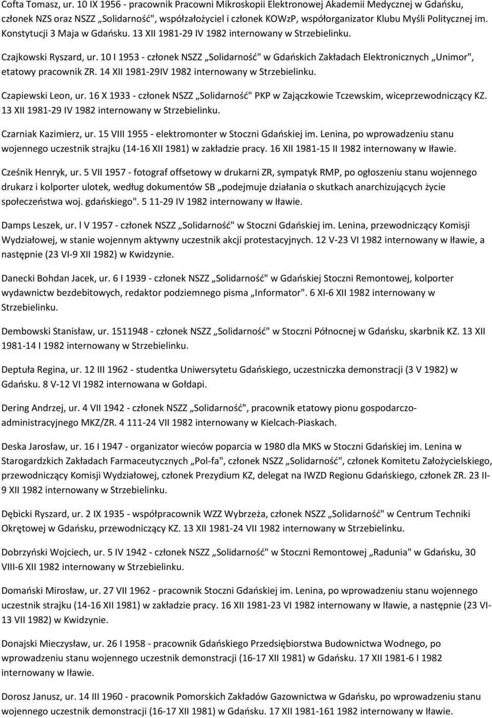 Konstytucji 3 Maja w Gdańsku. 13 XII 1981-29 IV 1982 Czajkowski Ryszard, ur. 10 I 1953 - członek NSZZ Solidarność" w Gdańskich Zakładach Elektronicznych Unimor", etatowy pracownik ZR.