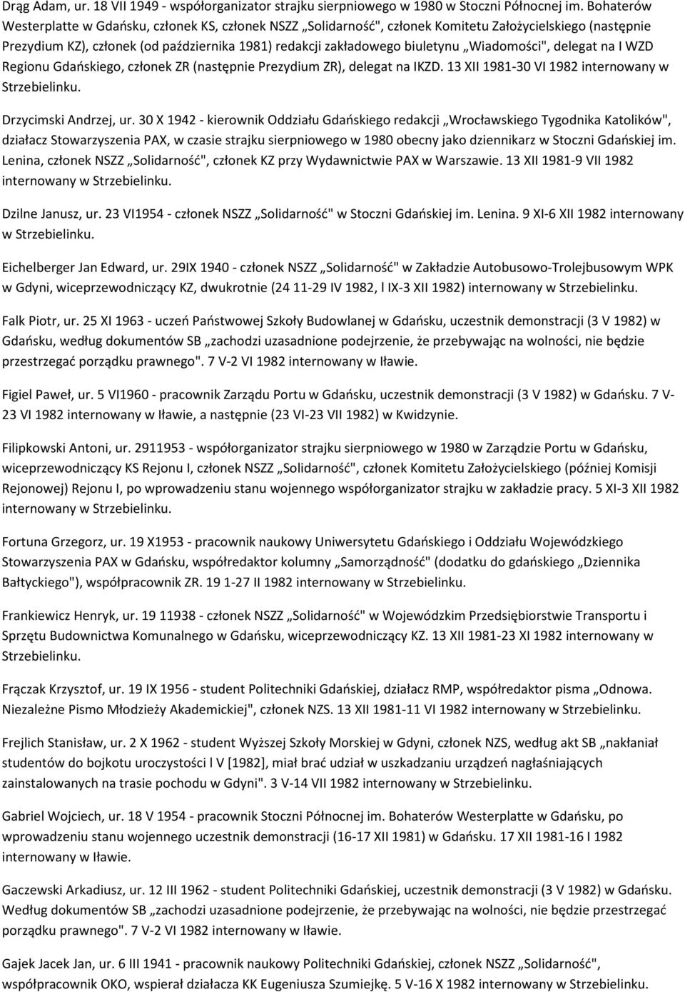 Wiadomości", delegat na I WZD Regionu Gdańskiego, członek ZR (następnie Prezydium ZR), delegat na IKZD. 13 XII 1981-30 VI 1982 internowany w Drzycimski Andrzej, ur.